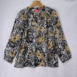 Lilly Pulitzer Onyx Peony Elsa Silk Floral Blouse Womens L Preppy Coastal Office